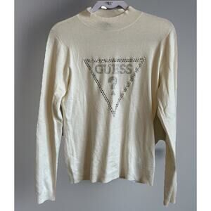 Guess Logo Turtleneck Large Rhinestones Studs Womens Preppy Y2K Viscose Sweater